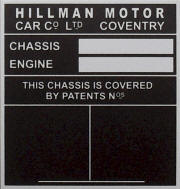 Hillman Cars replacement blank VIN plate