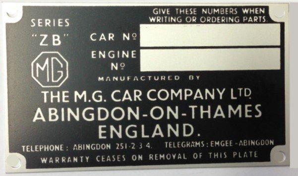 MG 'ZB' MAGNETTE replacement blank VIN chassis plate
