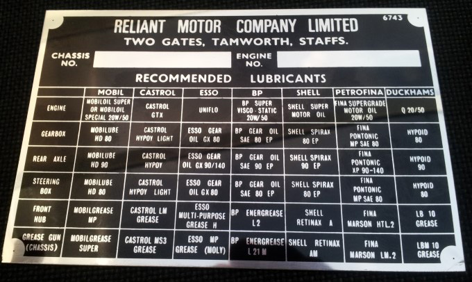 Reliant Motors Tamworth replacement VIN Chassis plate/Chrome oil advisory plate
